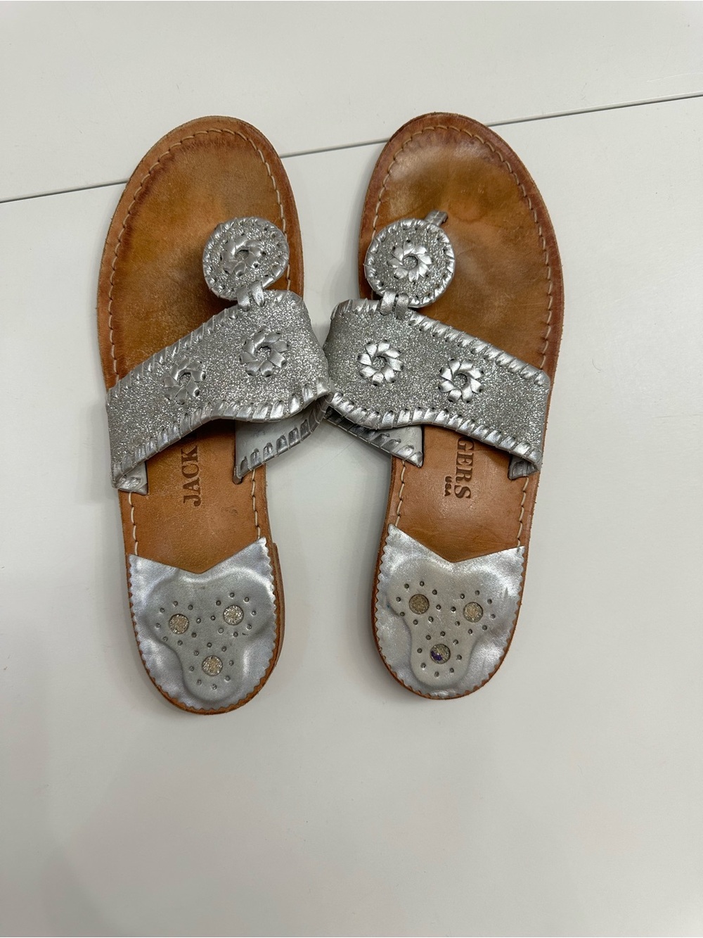 Jack Rogers Silver Glitter Leather Thong Sandals